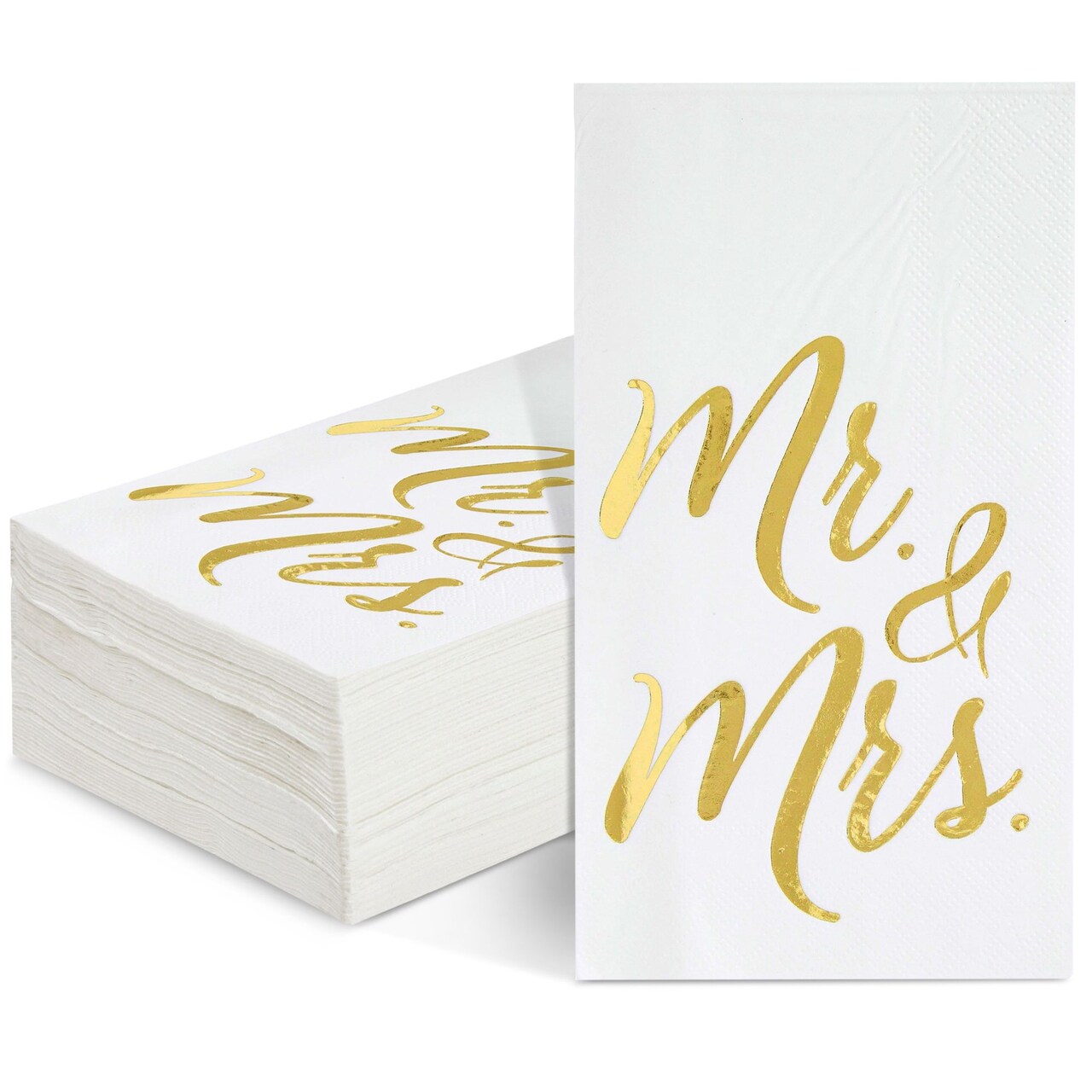 50-Pack Mr and Mrs Napkins, Disposable Wedding Dinner Napkins for Reception, Rehearsal Dinner, Bridal Shower, Engagement Party (Gold Foil and White, 3-Ply, 4x8 in)